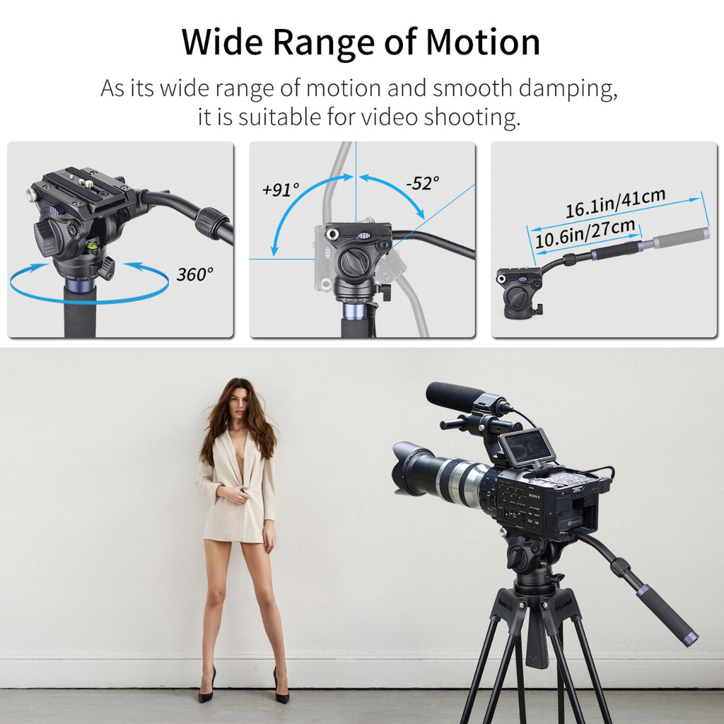 Camera tripod with wide range of motion features and a camera on a stand.