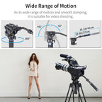 Camera tripod with wide range of motion features and a camera on a stand.