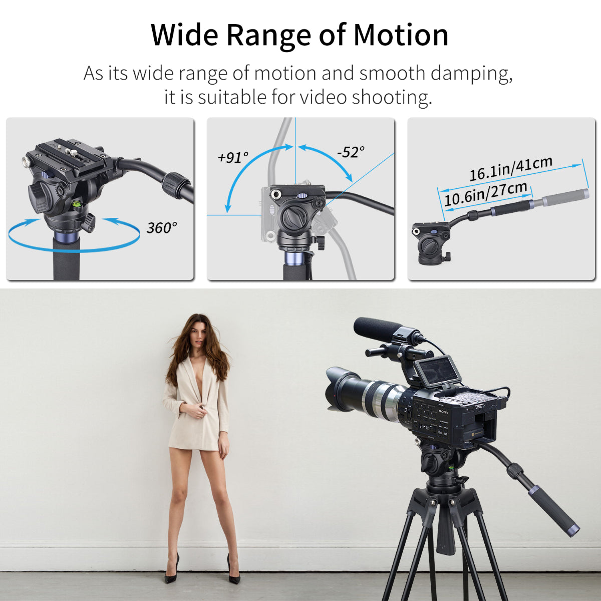 Camera tripod with wide range of motion features and a camera on a stand.