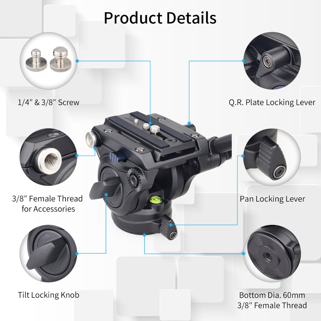 Camera pan and tilt head with labeled parts on a white background