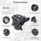 Camera pan and tilt head with labeled parts on a white background