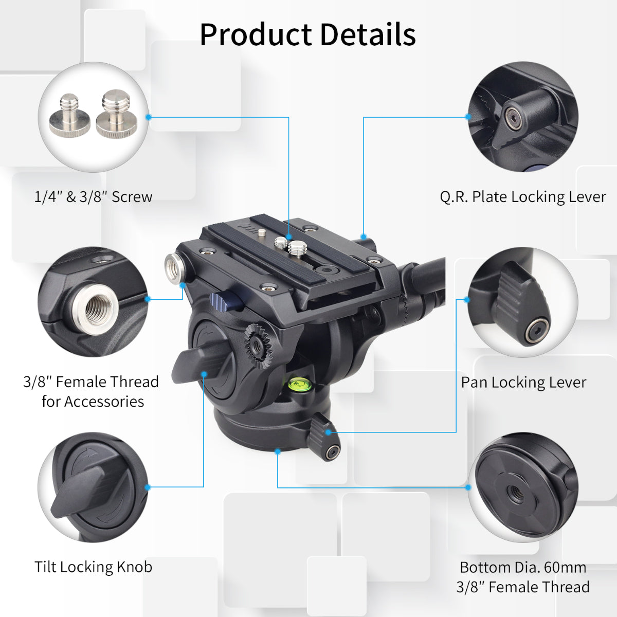 Camera pan and tilt head with labeled parts on a white background