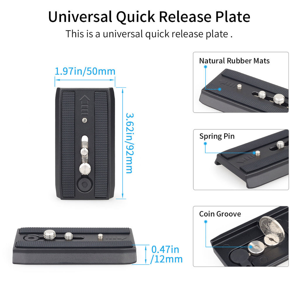 Universal quick release plate with measurements and features on a white background