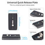 Universal quick release plate with measurements and features on a white background