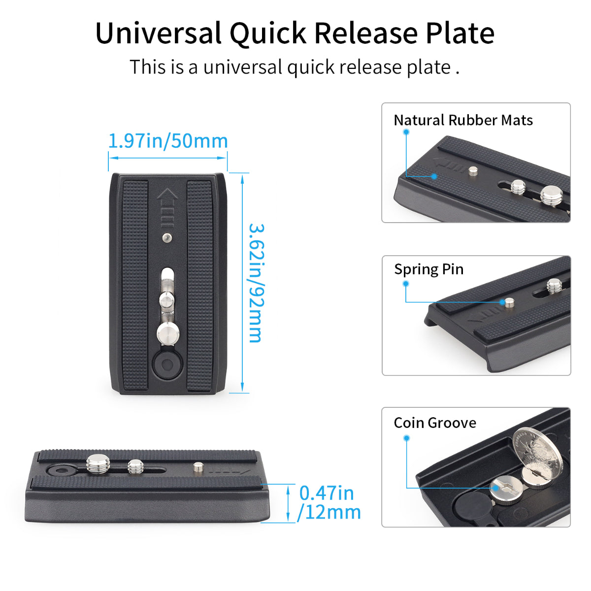 Universal quick release plate with measurements and features on a white background