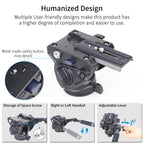Camera tripod head with humanized design features on a white background