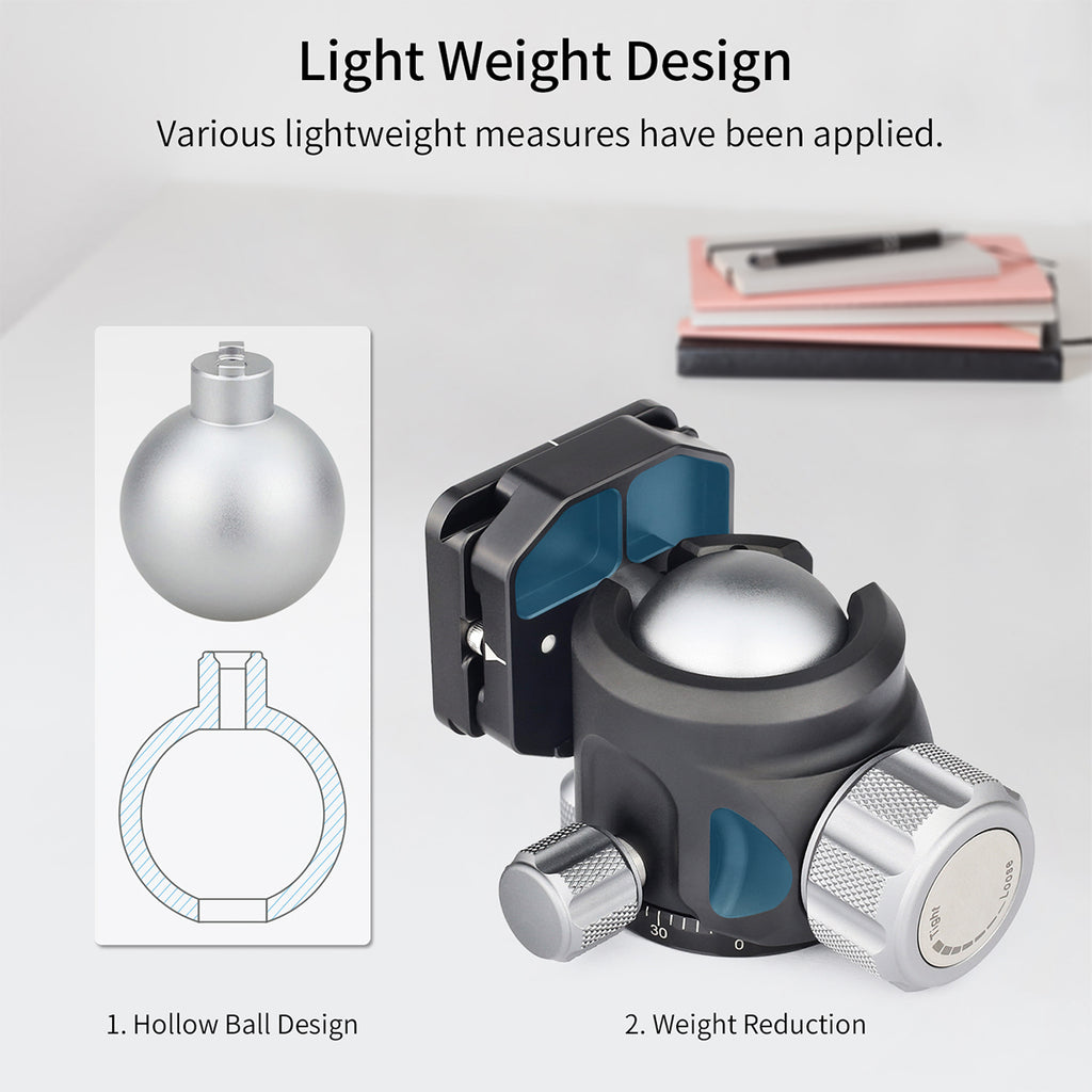 Camera ball head with hollow ball design and weight reduction features on a light gray background.