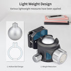 Camera ball head with hollow ball design and weight reduction features on a light gray background.