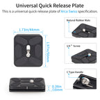 Universal quick release plate with measurements and features on a white background