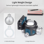 Camera ball head with hollow ball design and weight reduction features on a light gray background.