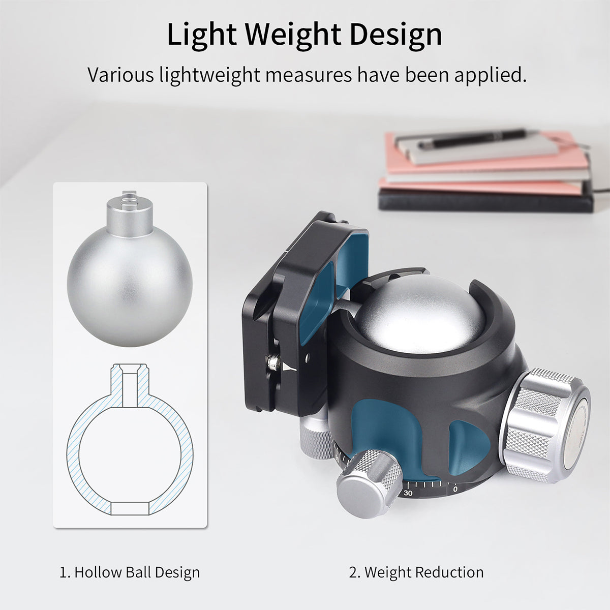 Camera ball head with hollow ball design and weight reduction features on a light gray background.