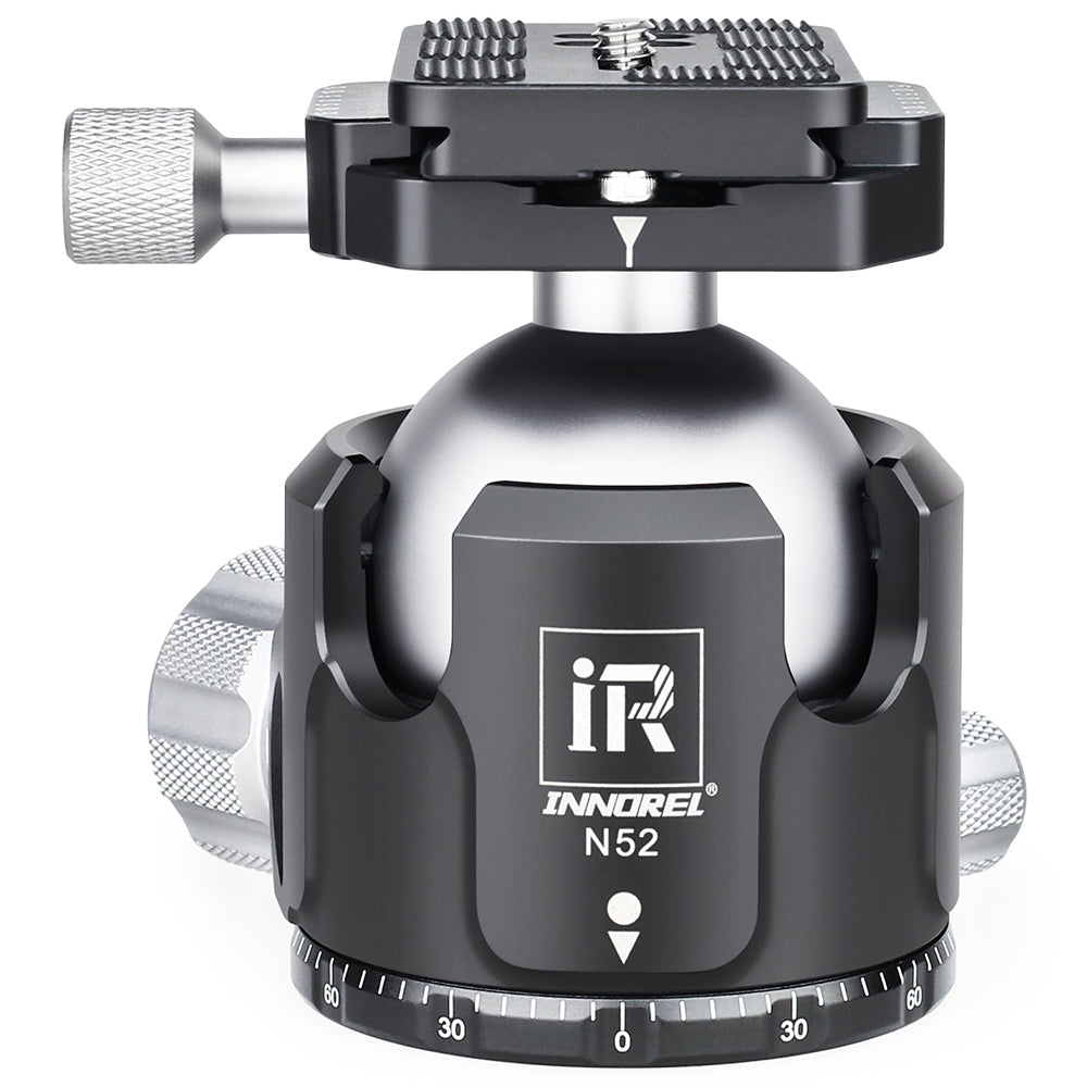 An Innorel N52 camera tripod ball head in black and silver aluminum, shown on a clean white background.