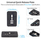 Universal quick release plate with measurements and specifications on a white background