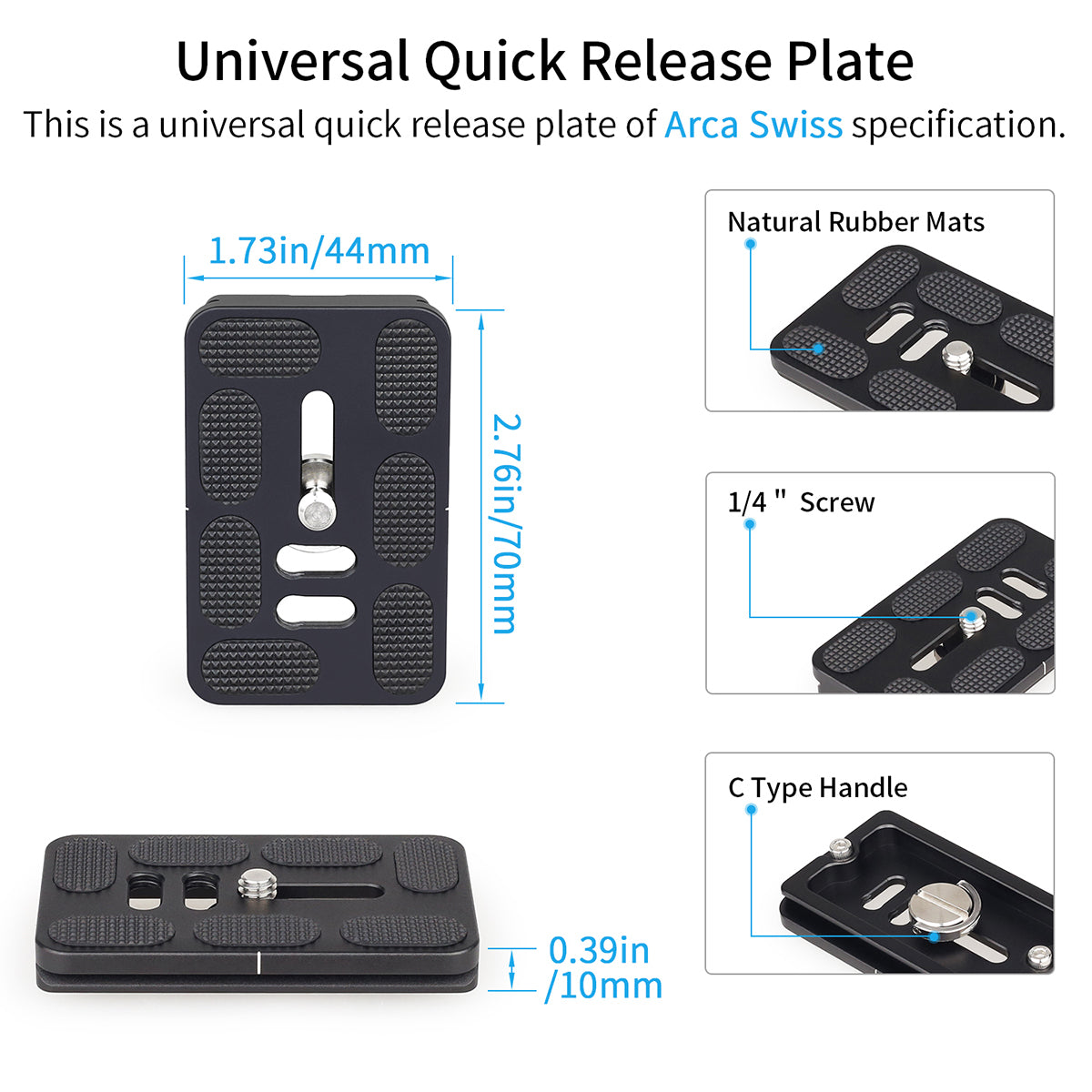 Universal quick release plate with measurements and specifications on a white background