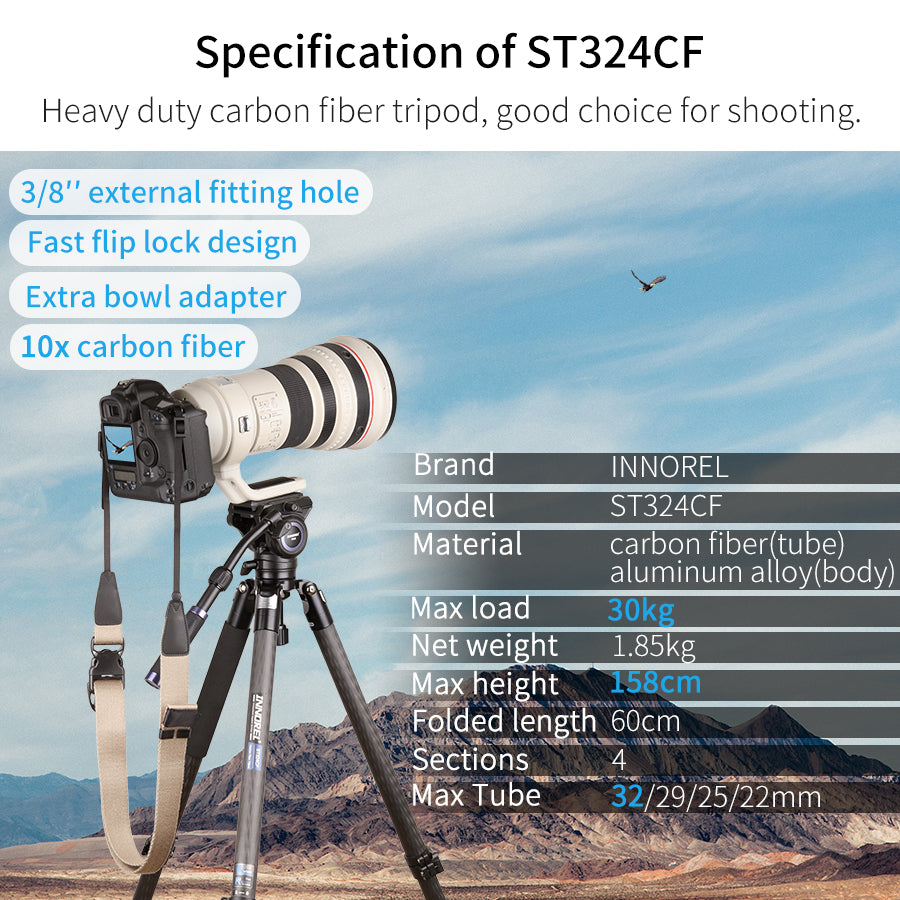 Specification and feature list for the INNOREL ST324CF tripod, showing a camera mounted on a carbon fiber tripod against a mountain backdrop, with text callouts and a data table.
