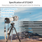 Specification and feature list for the INNOREL ST324CF tripod, showing a camera mounted on a carbon fiber tripod against a mountain backdrop, with text callouts and a data table.