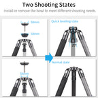 Instructional diagram showing two shooting states of a tripod leg with a removable leveling bowl. The top-left panel shows the bowl removed and labeled 58mm by 58mm, with a blue arrow pointing to the bottom-left panel where the bowl is installed and the leg is labeled 56mm.