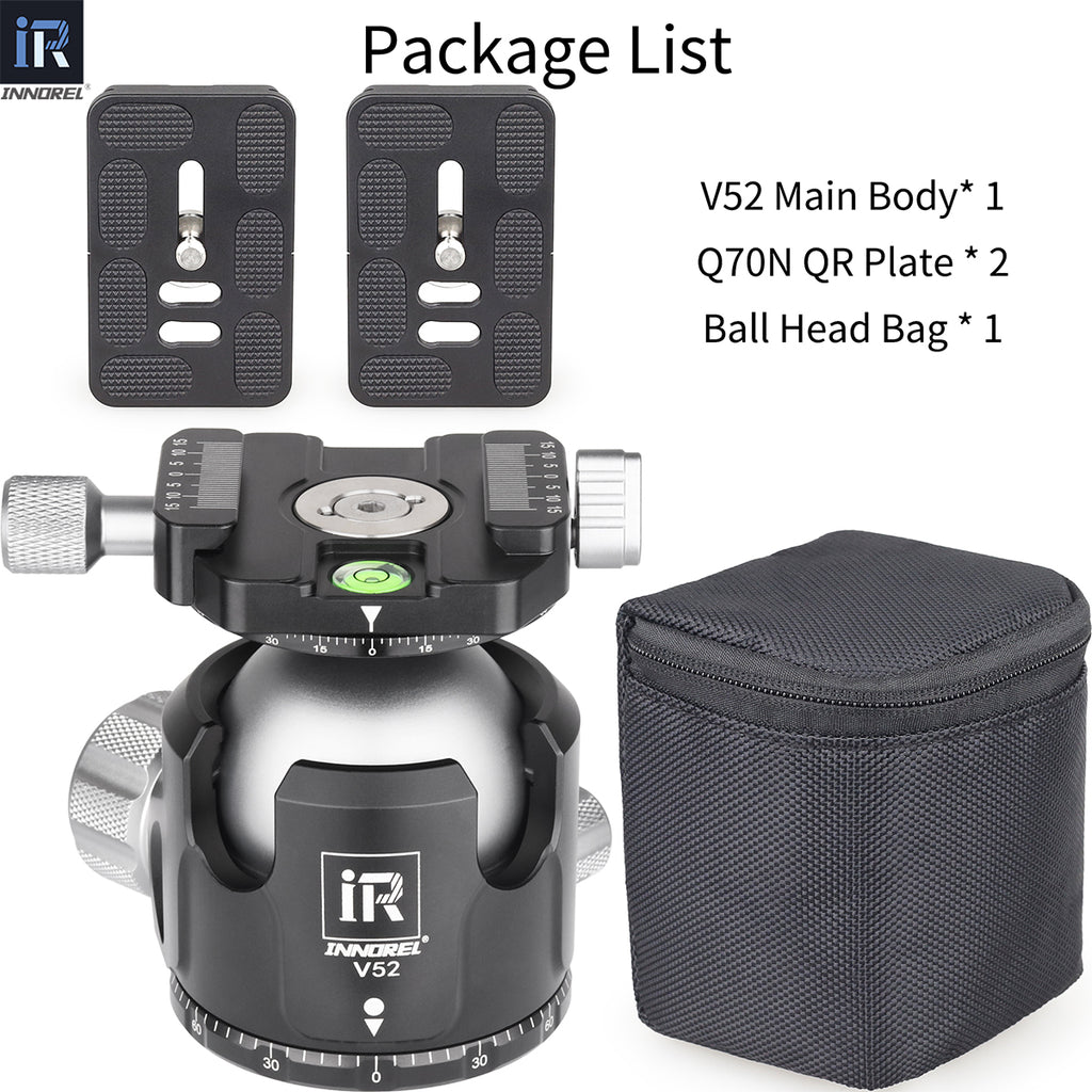 INNOREL V52 ball head with Q70N QR plates and carrying bag on a white background