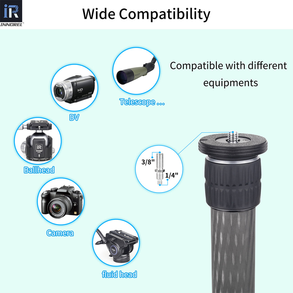 Camera fluid head with compatibility features on a light blue background