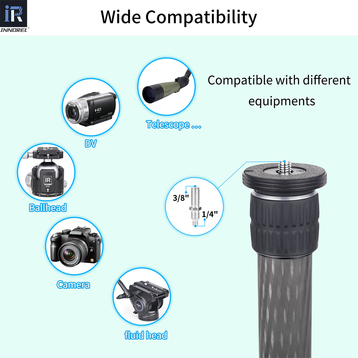 Camera fluid head with compatibility features on a light blue background