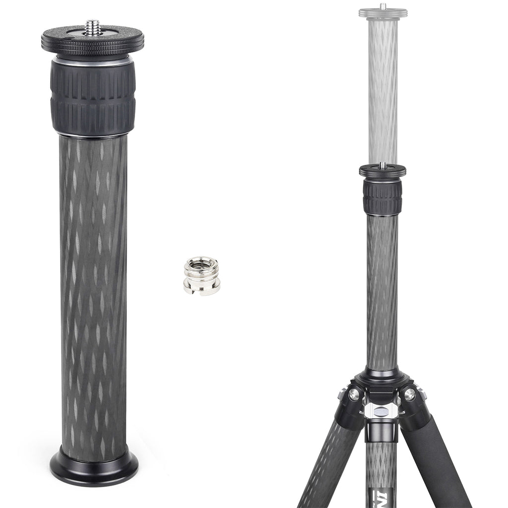Carbon fiber tripod with adjustable leg section on a white background
