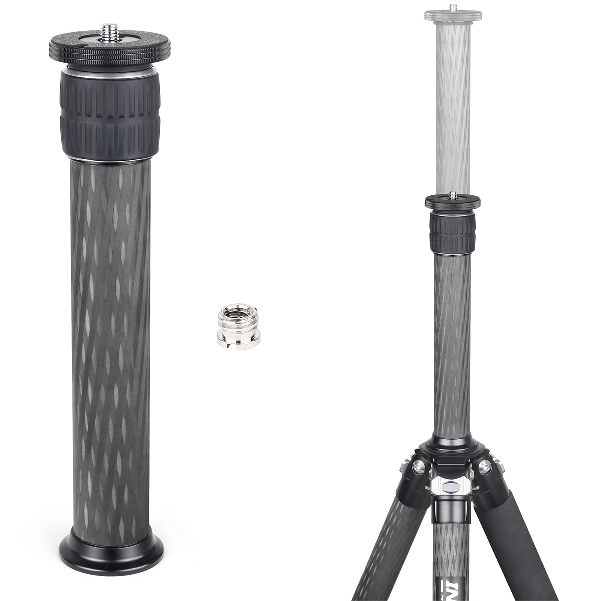 Carbon fiber tripod with adjustable leg section on a white background