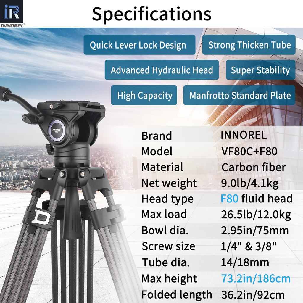 INNOREL tripod with specifications listed on a blurred cityscape background