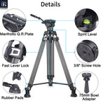 Camera tripod with labeled features on a white background