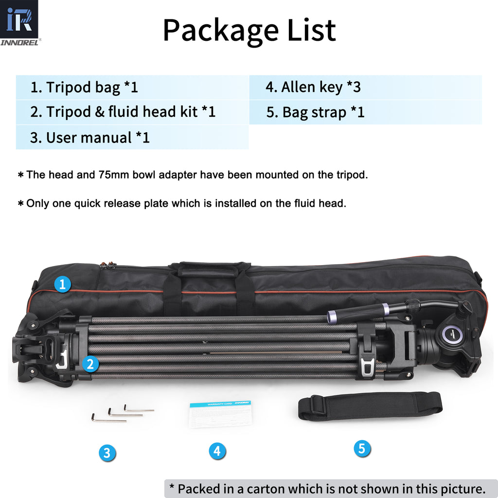 Package list of a tripod kit with components shown, including a tripod bag, Allen key, fluid head kit, bag strap, and user manual.