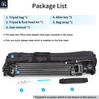 Package list of a tripod kit with components shown, including a tripod bag, Allen key, fluid head kit, bag strap, and user manual.