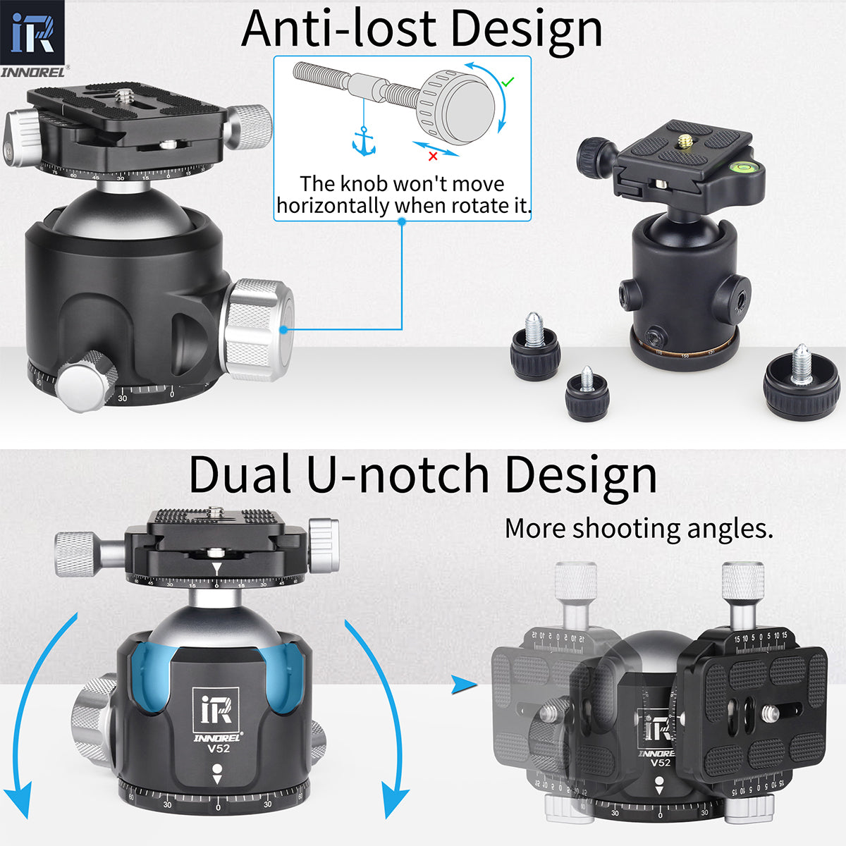 INNOREL V52 ballhead featuring double U-notch cutouts allowing vertical shots without restriction