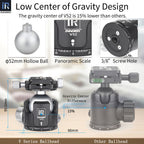 V52 ballhead low gravity center design vs standard ballhead showing reduced height and better support