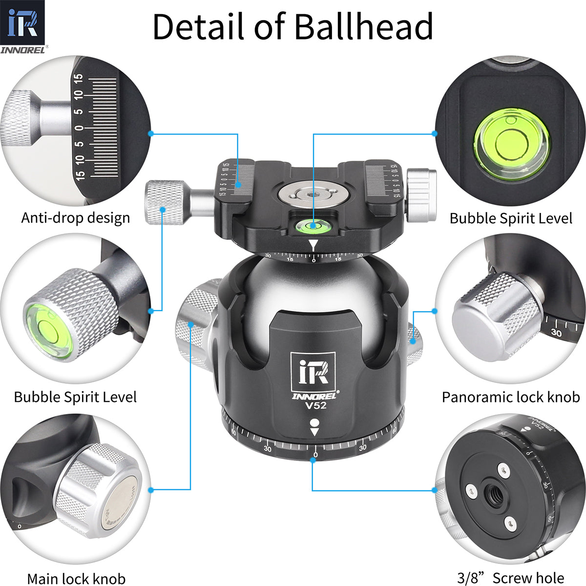 INNOREL V52 ballhead features panoramic locking knob for smooth rotation and bubble level for precise horizon alignment