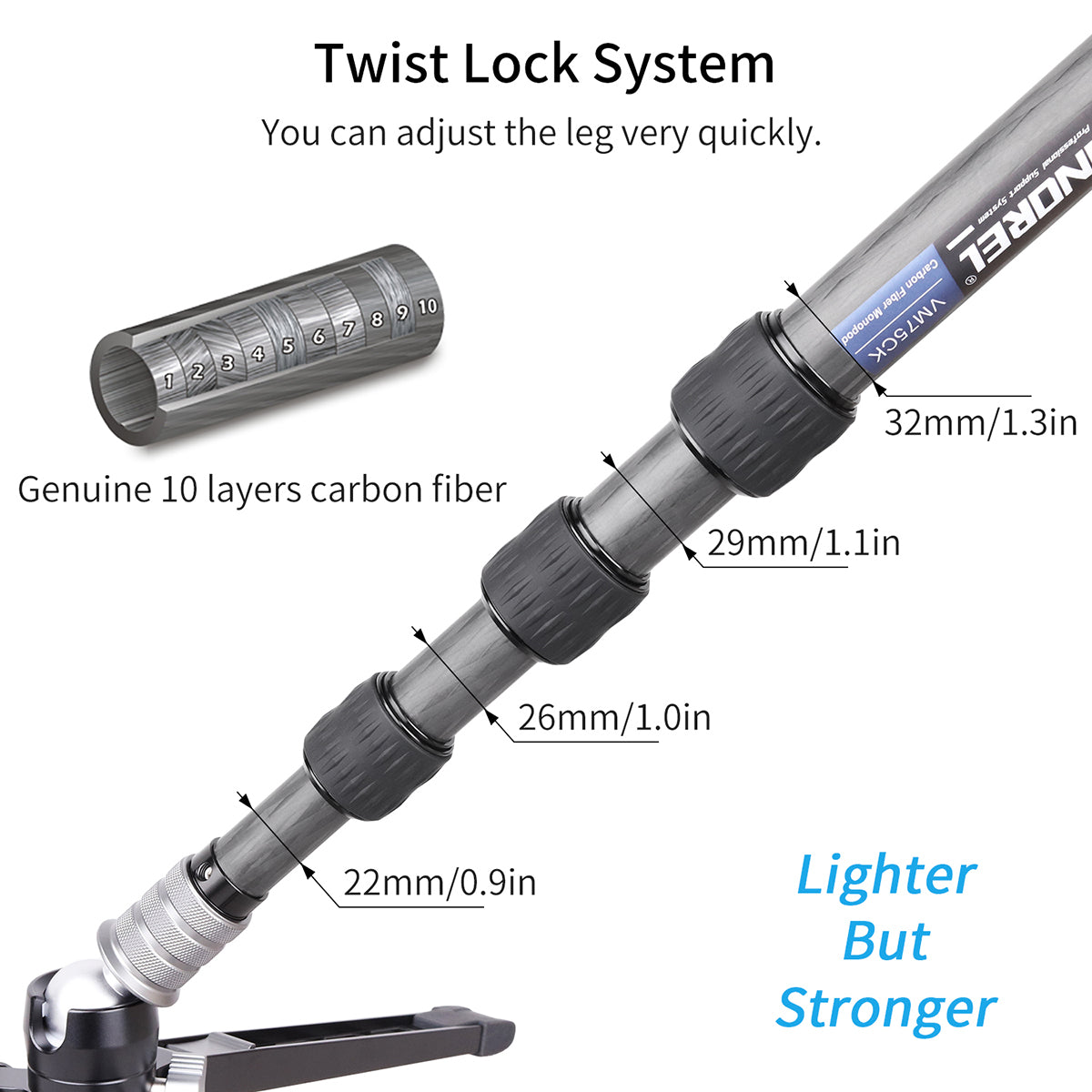 VM75CK monopod has adjustable twist locks. Very convenient.
