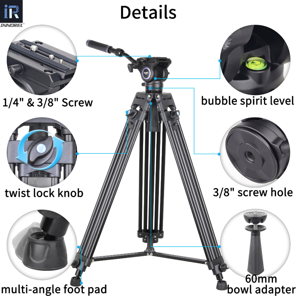 INNOREL aluminum alloy VT60 Video Tripod with 60mm bowl adapter details showing bubble spirit level twist lock knob multi-angle foot pad