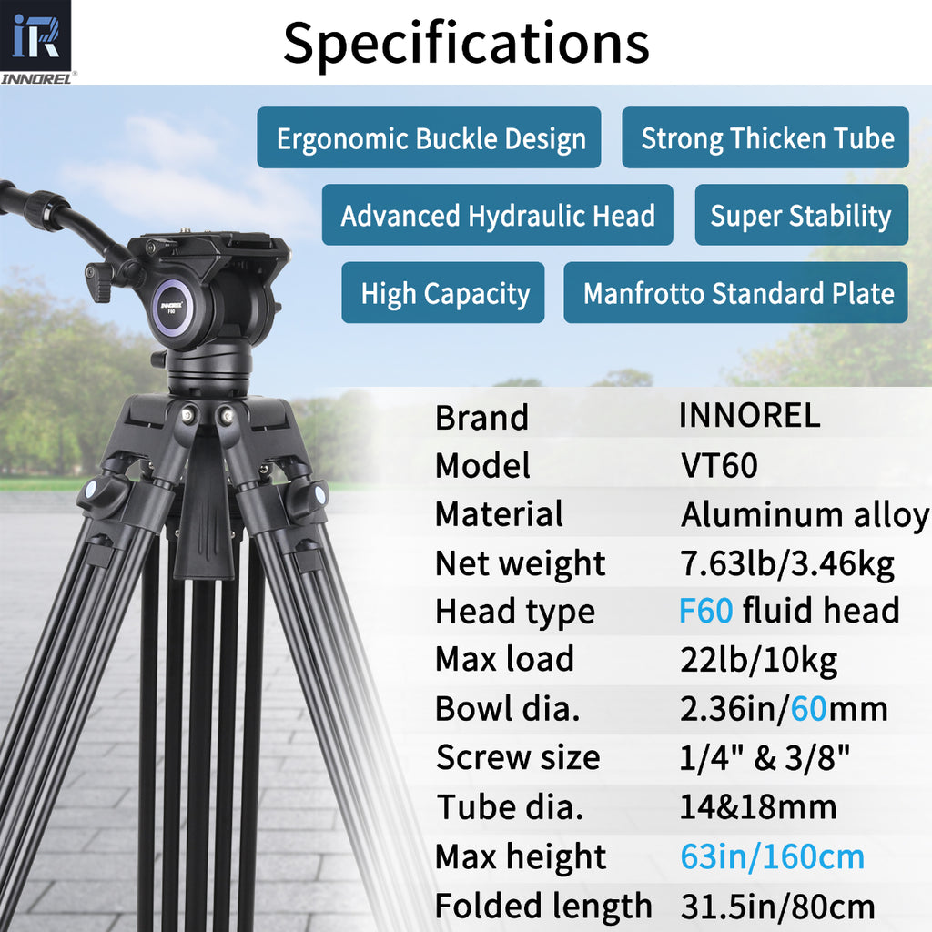 INNOREL aluminum alloy VT60 Video Tripod features max load 10kg max height 160cm ergonomic buckle design strong thicken tube super stability