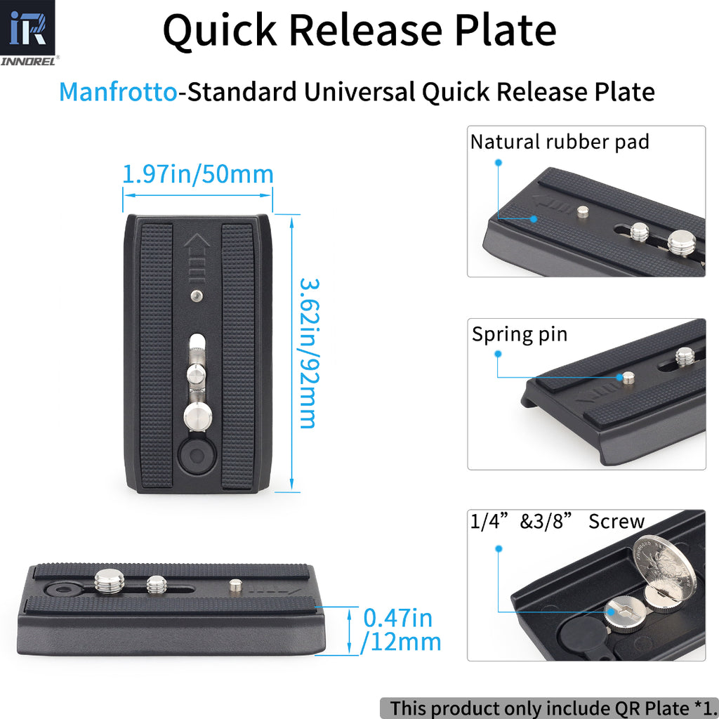 INNOREL VT60 Video Tripod Manfrotto-Standard Universal Quick Release Plate size length 92mm width 50mm with natural rubberpad spring pin 1/4'' ＆ 38/'' screw