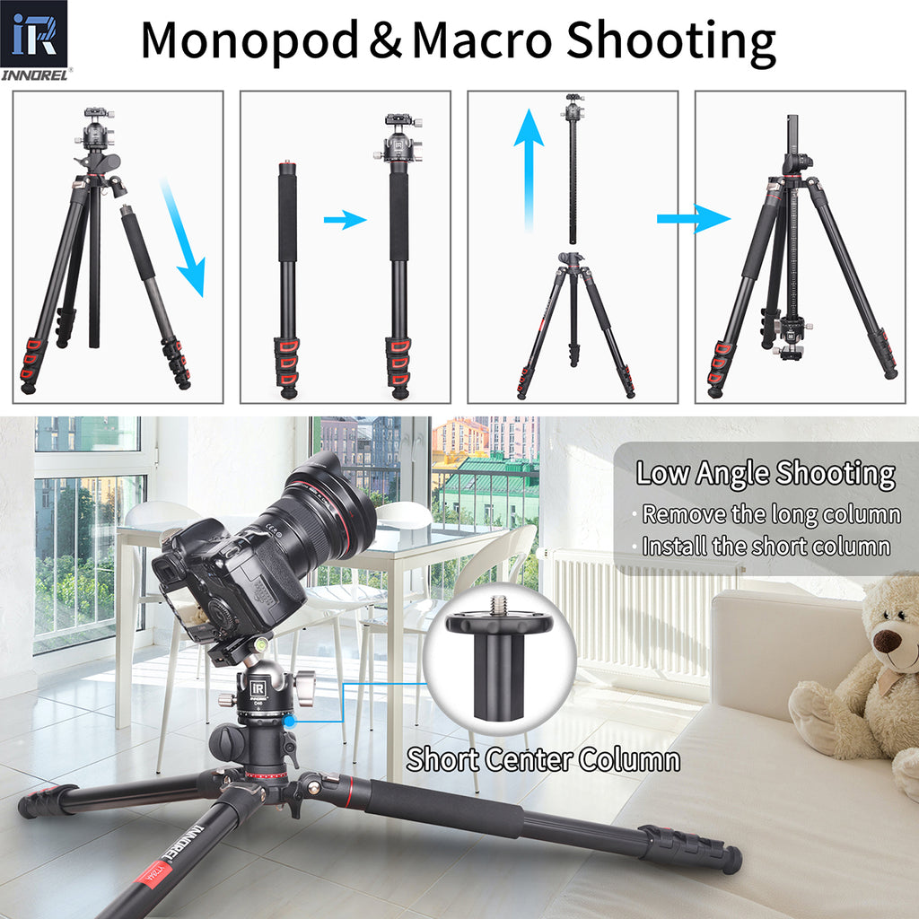INNOREL YT284A transformed to a monopod installed short column for low angle shooting and inverted long column to realize macro shooting