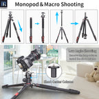INNOREL YT284A transformed to a monopod installed short column for low angle shooting and inverted long column to realize macro shooting