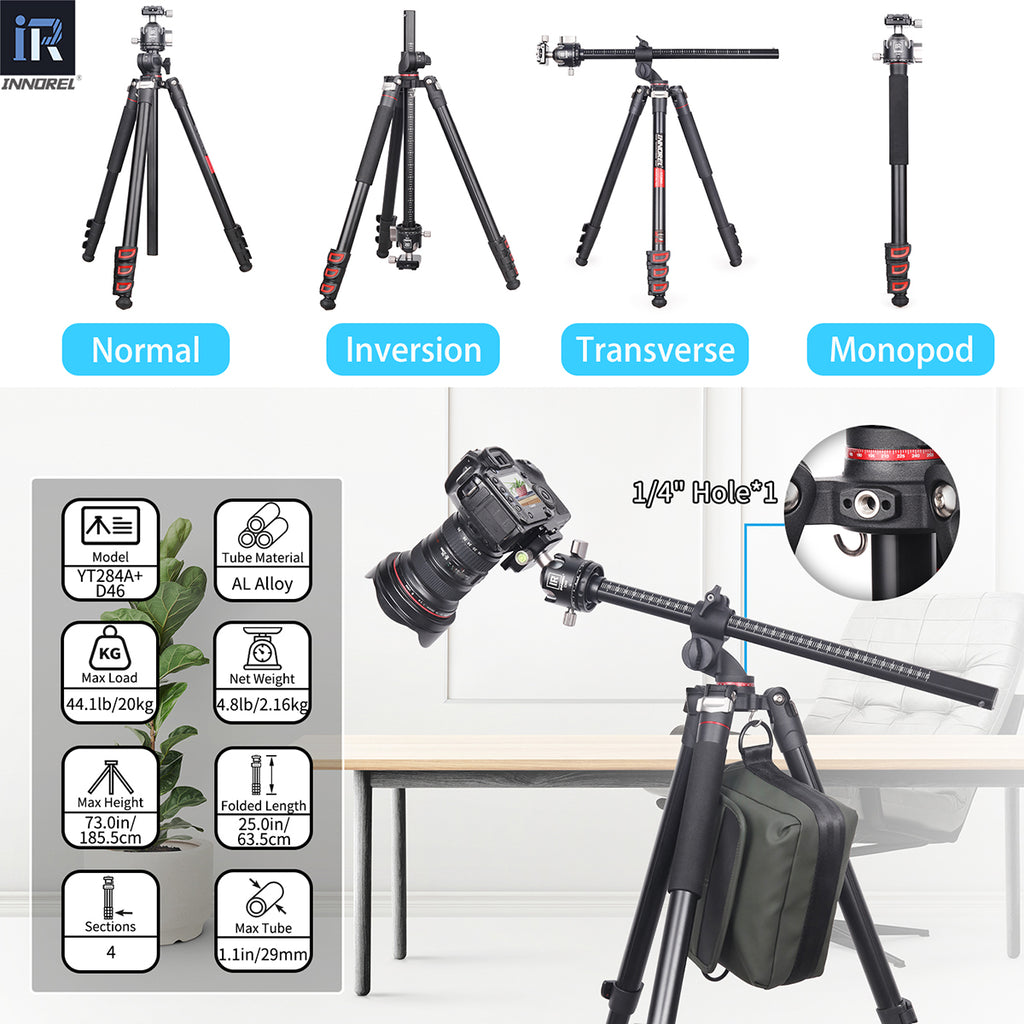 YT284A tripod with D46 ballhead specifications including 185.5cm max height 2.16kg weight 20kg load high quality aluminum alloy