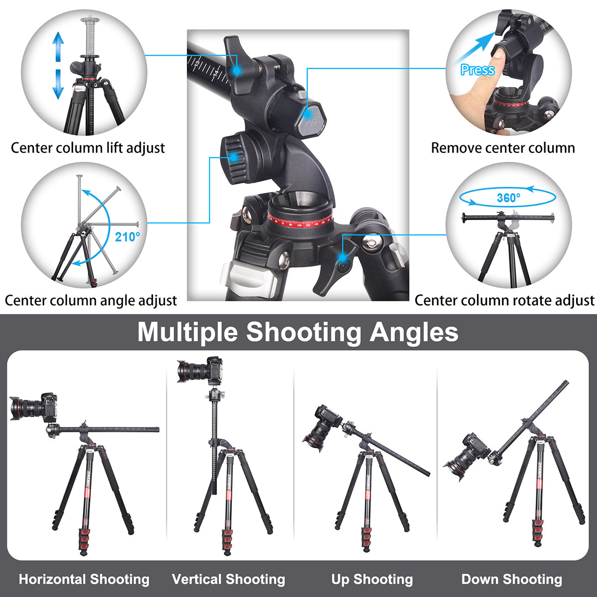 INNOREL YT284A tripod multiple shooting angles display including horizontal vertical up and down