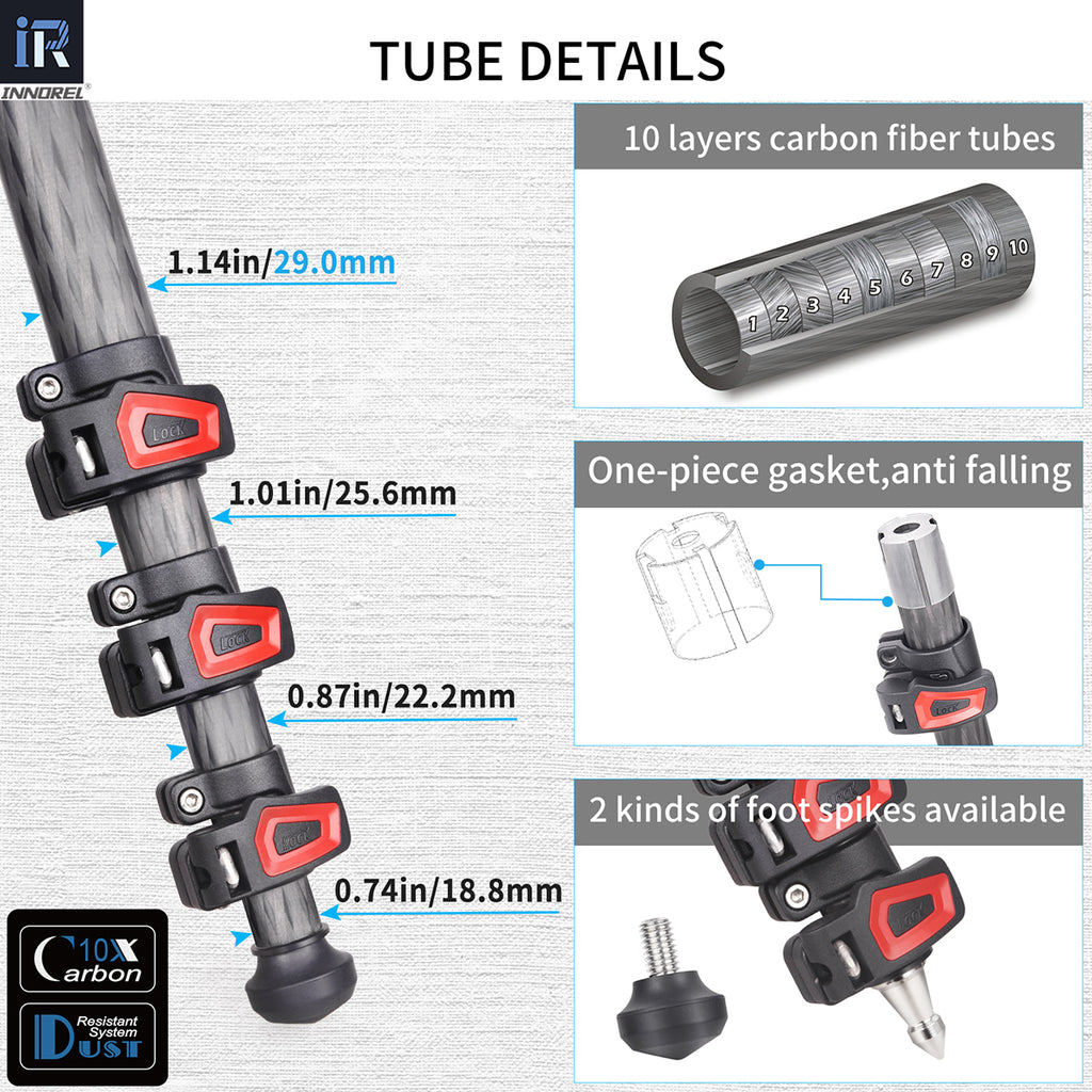 INNOREL YT284C horizontal camera tripod monopod with 10-layer carbon fiber tubes