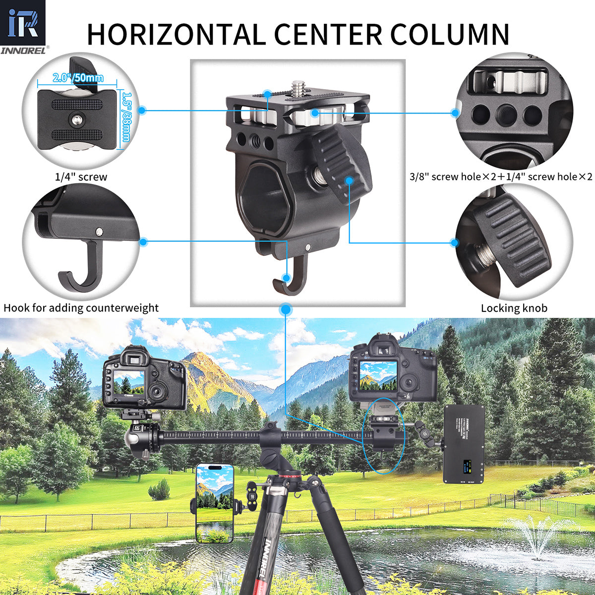 YT284C horizontal accessory design details 1/4 in screw weight hook and four extra holes for Installing multiple devices at the same time