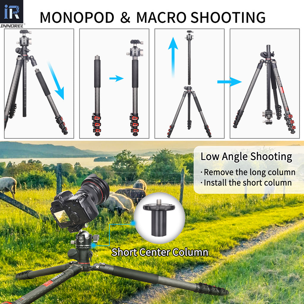 INNOREL YT284C transformed to a monopod installed short column for low angle shooting and inverted long column to realize macro shooting
