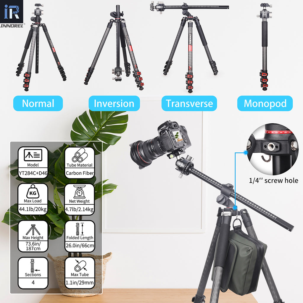 YT284C tripod with D46 ballhead specifications including 187cm max height 2.14kg weight 20kg load 10-layer carbon tube