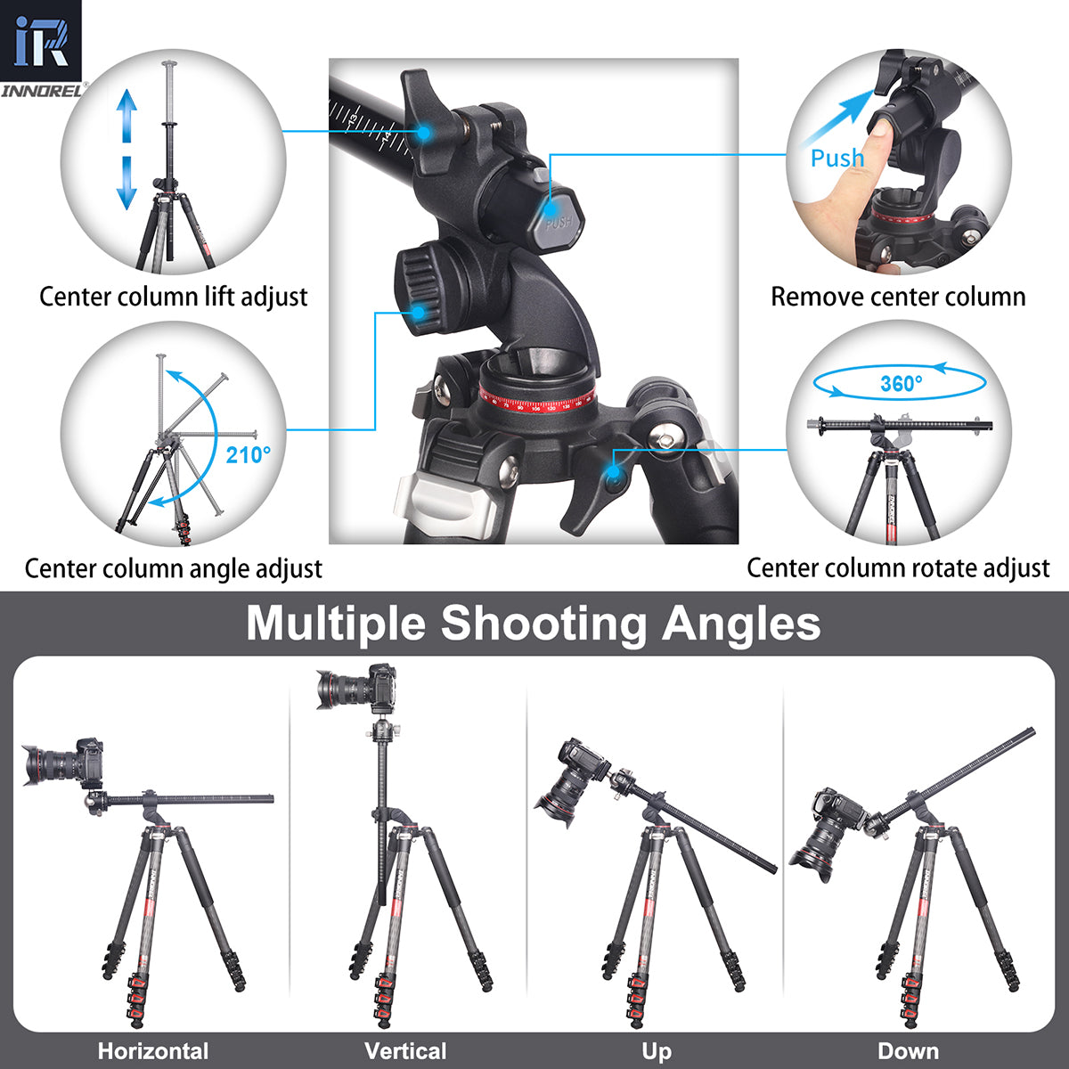 INNOREL YT284C tripod multiple shooting angles display including horizontal vertical up and down