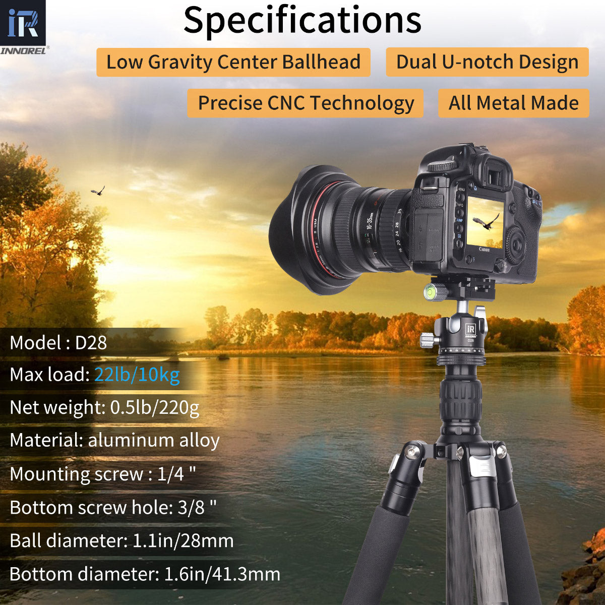 28/34mm Low Profile Tripod Ball Head INNOREL D28/D34