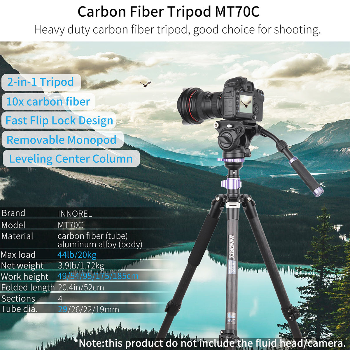 185cm carbon fiber tripod MT70C load 20kg