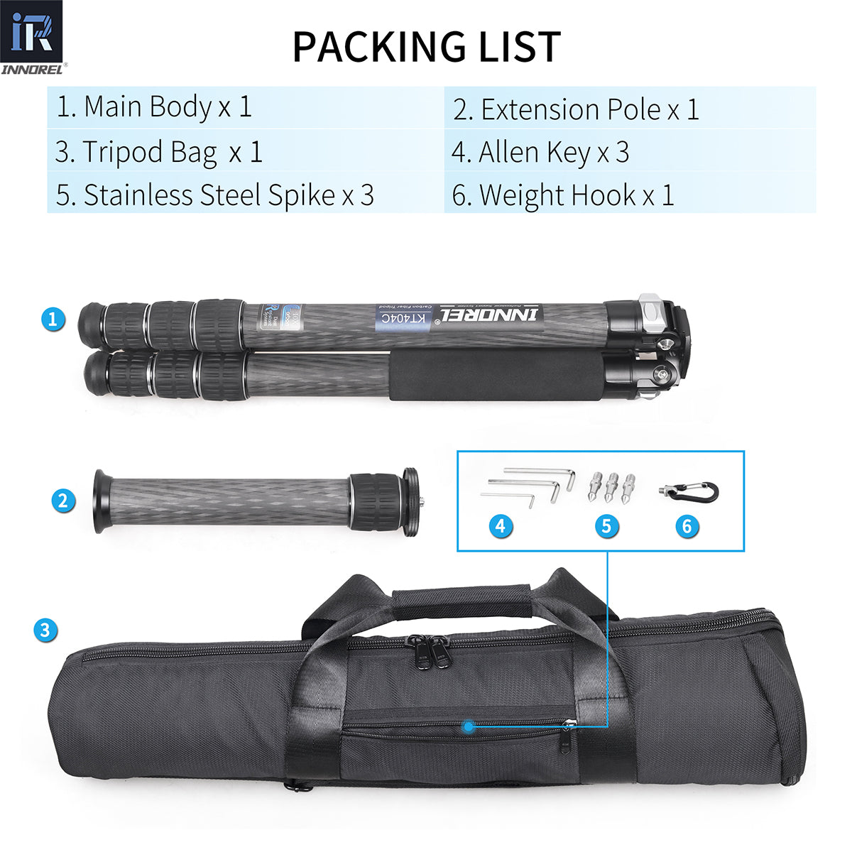 Treppiede per fotocamera in fibra di carbonio usato 40mm Tubo INNOREL KT404C (Solo gli USA hanno disponibilità)