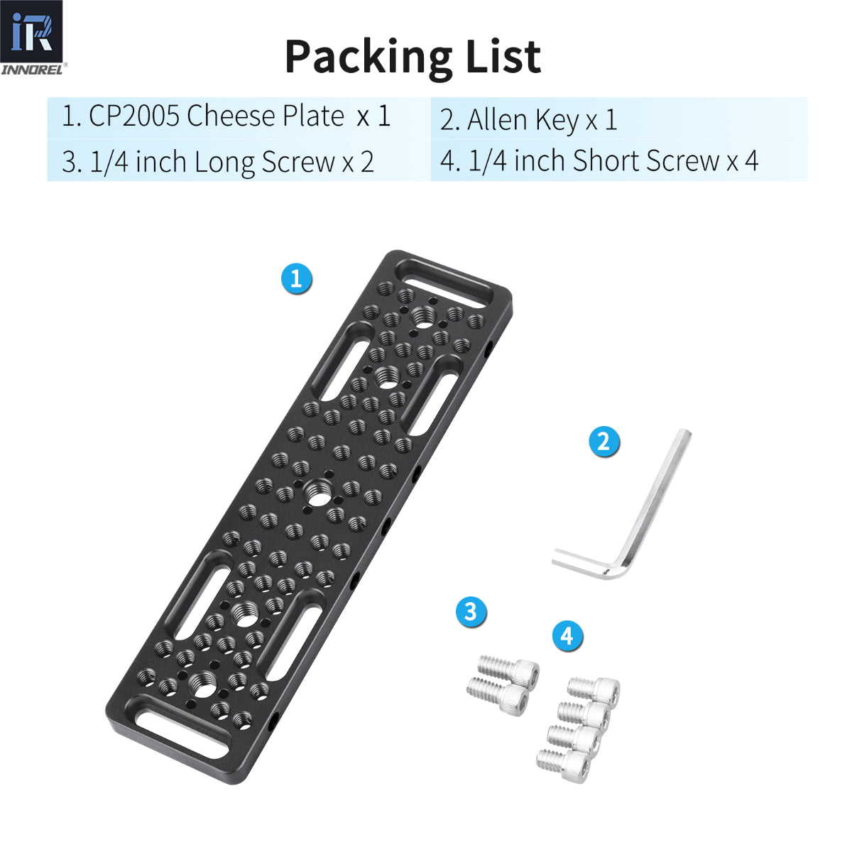 INNOREL CP2005 package contents cheese plate allen key 2 1/4inch long screw 4 1/4inch short screw
